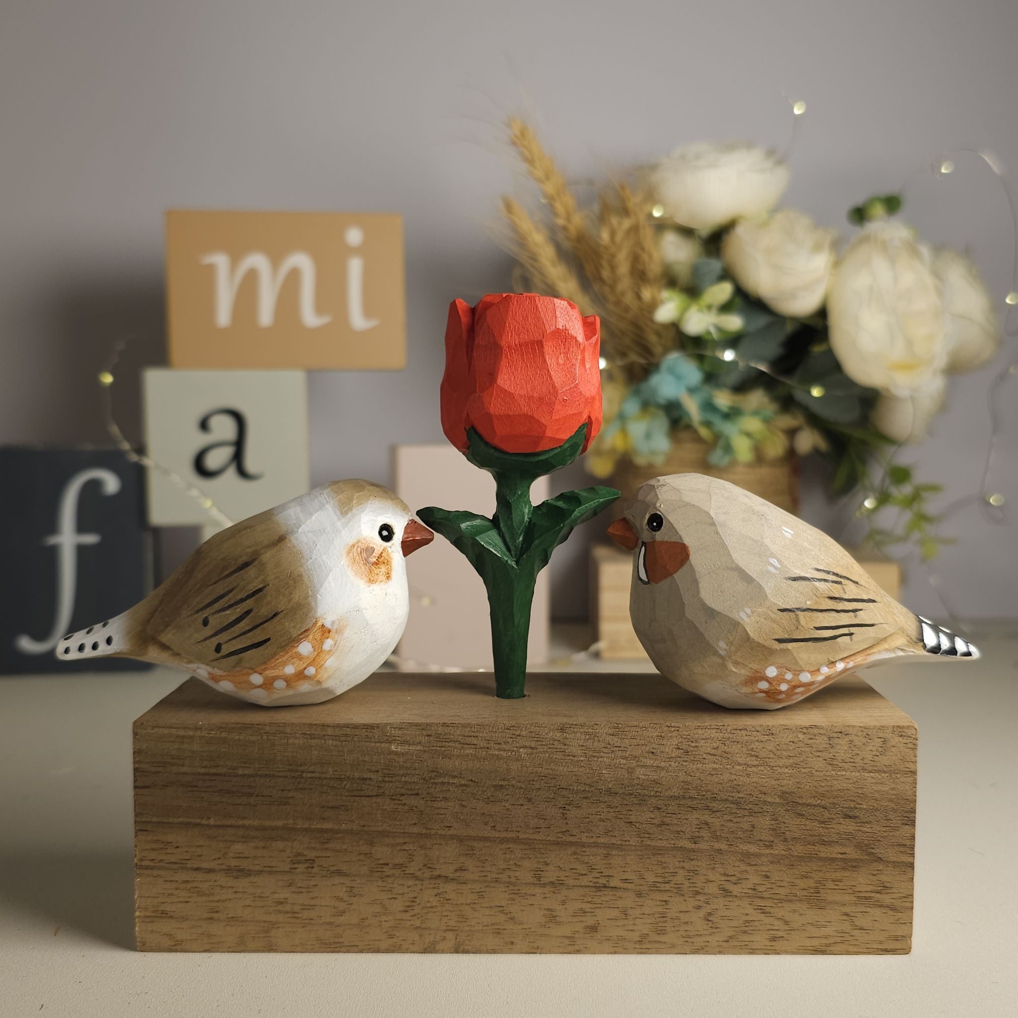 Zebra Finch Couple Figurine with Wooden Rose - An Exquisite Valentine's Day Gift