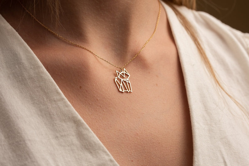 Sterling Silver Cat Necklace: Personalized Geometric Cat Pendant